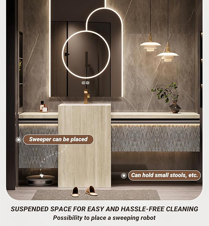 Single Sink Freestanding Bath Vanity, Modern Bath Vanity with LED Smart Mirror, 52IN Solid Wood Floating Bathroom Sink Cabinet with Marble Slate Top and Large Storage Drawer
