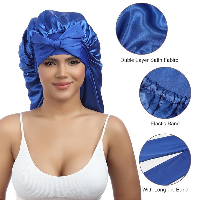AWAYTR Long Satin Bonnet for Women - Double Layer Elastic Silk Bonnet for Braids Hair Sleeping Cap with Tie Band (Royal Blue)