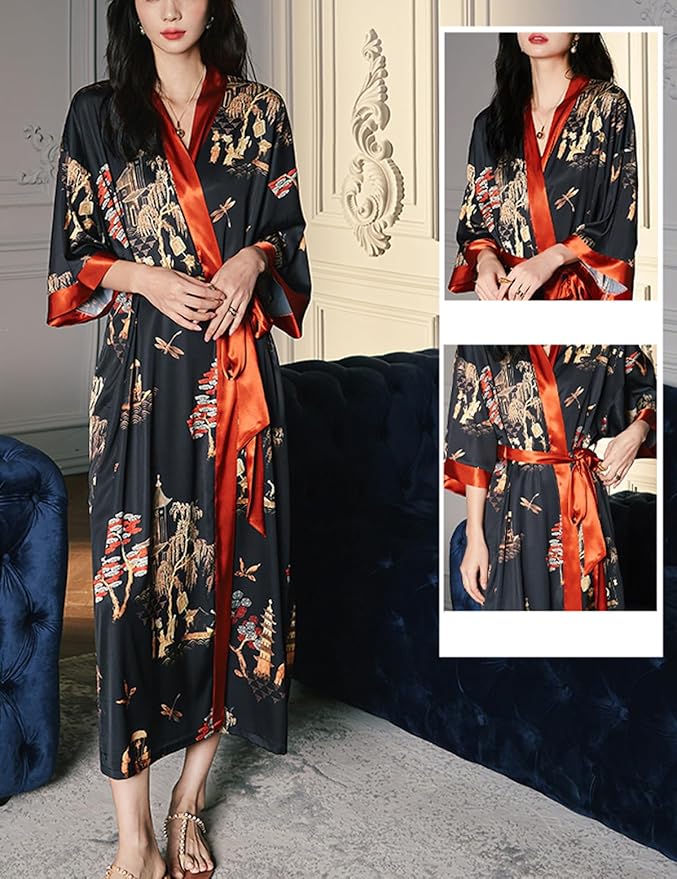 Silk Satin Robe for Women Long Japanese Kimono Robe Lightweight Soft Bathrobe Floral Luxury Dressing Gown