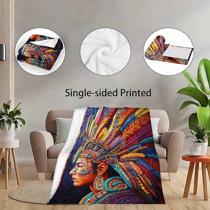 Tribal Throw Blanket with Aztec Warrior for Couch & Bed | Native Style Cozy Soft Fleece Blanket for Living Room, Bedroom & Boho Home Decor | Gift for Men & Women | 40x50 Inches