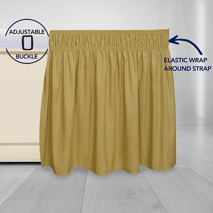 PureFit Wrap Around Ruffled Bed Skirt with Adjustable Elastic Belt - 14 Inch Drop Easy to Put On, Wrinkle Free Bedskirt Dust Ruffles, Bed Frame Cover for Queen, King and C-King Size Beds, Gold