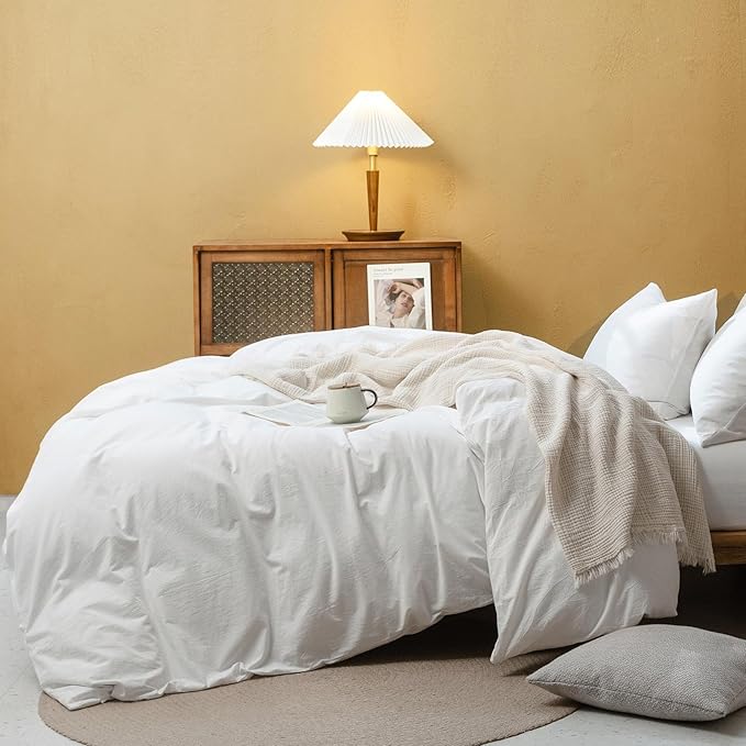 FOSSA White Duvet Cover Set, 100% Washed Cotton Linen Feel Super Soft Breathable Cozy 3 Pieces Bedding Sets Solid Off White Super King Plus
