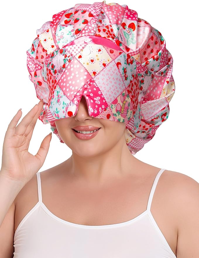 Pleated Silk Sleeping Bonnet with Eye Mask Double Layer Satin Hair Bonnets Sleep Cap for Curly Natural Hair