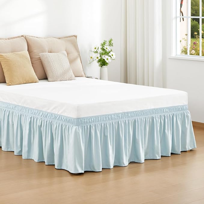 RIMELA Grayish Blue Bed Skirt Queen Size 15 Inch Drop, Wrap Around Elastic Bedskirt, Dust Ruffle for Adjustable Bed Base Machine Washable Easy to Install Bed Skirts