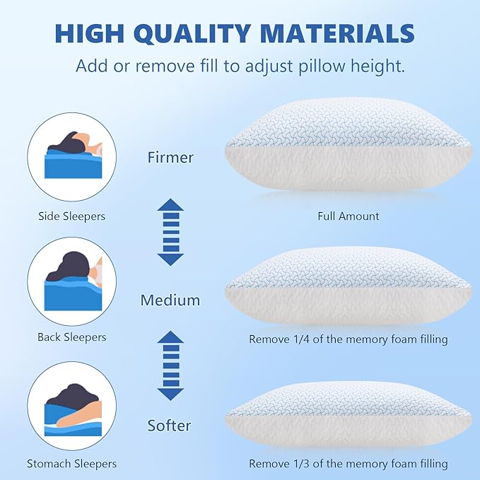 Shredded Memory Foam Pillows Queen Size Set of 2, Adjustable Memory Foam Pillows 2 Pack, Cooling Bed Pillow for Side Back and Stomach Sleepers for Neck and Shoulder Pain relief Cool Pillow