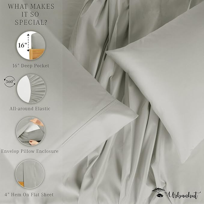 URBANHUT 1000 Thread Count Egyptian Cotton Sheets Twin Size, Breathable Long Staple for Twin Size Bed, 3 Pc Bed Sheet Sets, Luxury Hotel Sateen Sheets Fits 16" Deep Pocket - Silver Grey