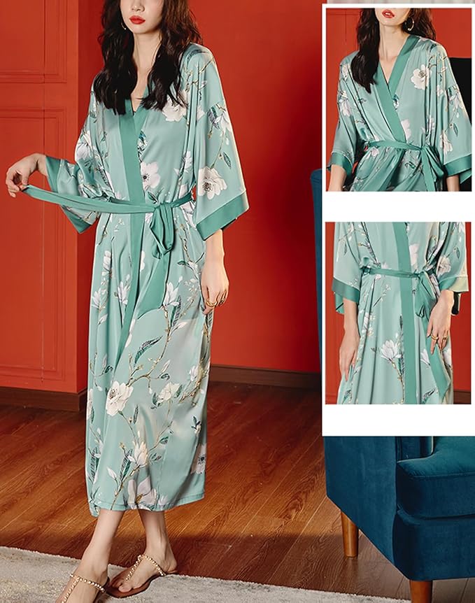 Silk Satin Robe for Women Long Japanese Kimono Robe Lightweight Soft Bathrobe Floral Luxury Dressing Gown