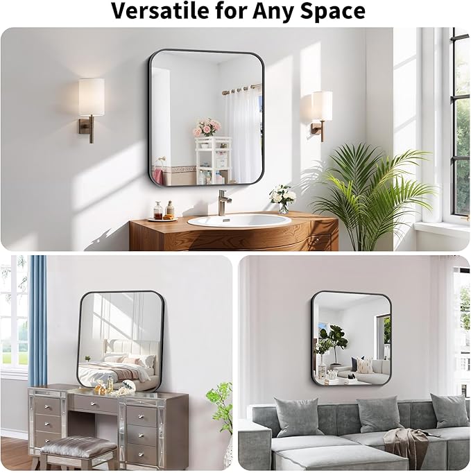 Koonmi Black Framed Bathroom Mirror - 30x22 Inch Shatterproof Tempered Glass Vanity Mirror for Bathroom Sink, Wall Mounted with Matte Aluminum Alloy Frame, No Distortion, Modern Decor