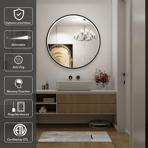 24" Round LED Bathroom Mirror, Dimmable Anti-Fog Vanity Mirror with Touch Control, 6000K Natural Light, Black Metal Frame, Wall Mounted for Makeup Shaving (IP54, 90+ CRI)