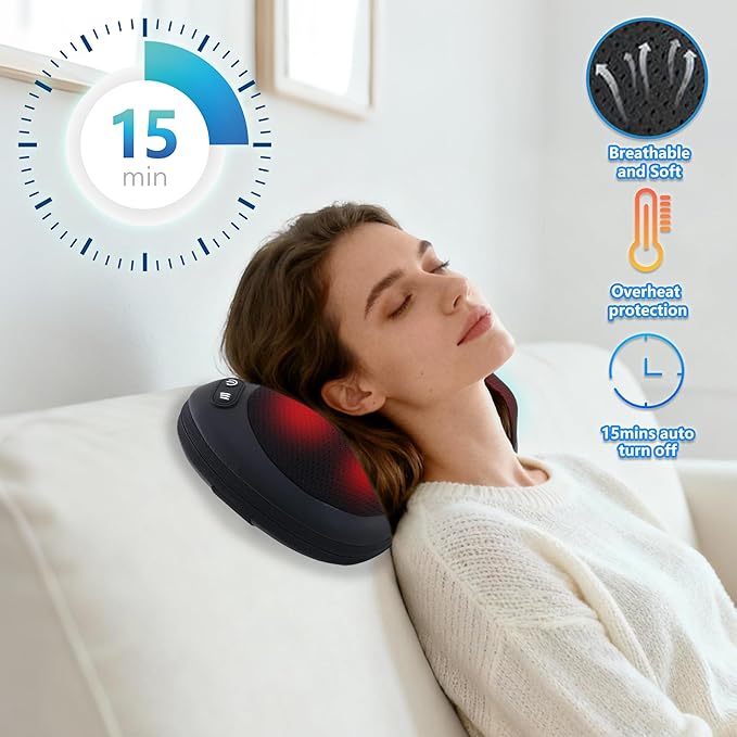 Shiatsu Neck and Back Massager with Heat - Deep Tissue Massage Pillow for Neck, Back & Shoulders Pain Relief, Portable Ergonomic Design Electric Massager for Home, Car, Office Use, Black