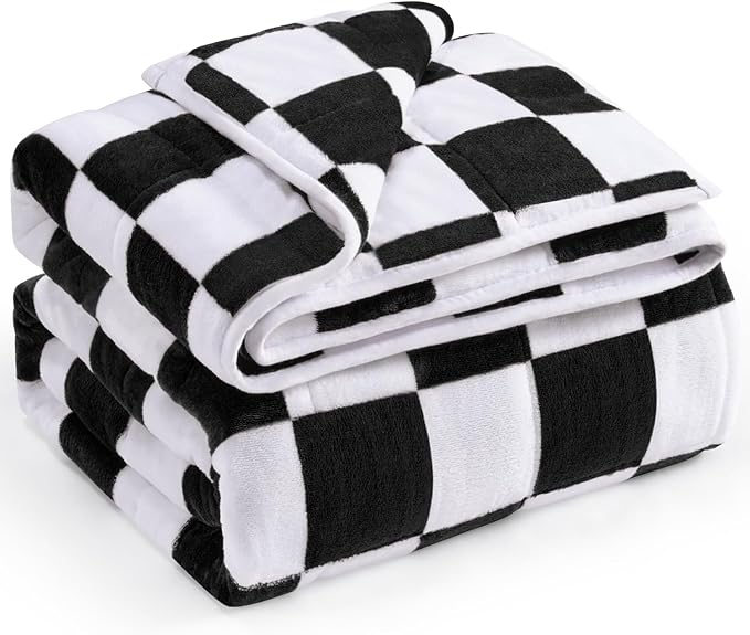 Wemore Flannel Fleece Weighted Blanket for Adult Twin Size 15 lbs, Dual Sided Luxurious Checkerboard Grid Heavy Blankets, Ultra Soft Throw Blanket, Plaid Black, 48 x 72 inches