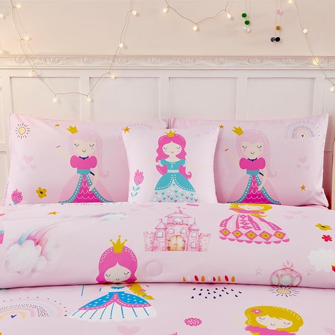 ANGIYUIN 6Pcs Pink Twin Size Comforter Set for Girls Princess Bedding Fairy Tales Castle Kids Bed in A Bag with Sheets Cute Soft Printed Girl Bedding Set for All Season