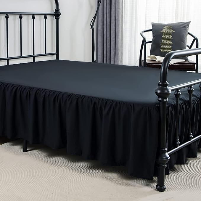 Bed Skirt Twin Size Ruffled Bed Skirt with Split Corners, 12 Inch Drop Dust Ruffle Bed Skirt with Platform, Black