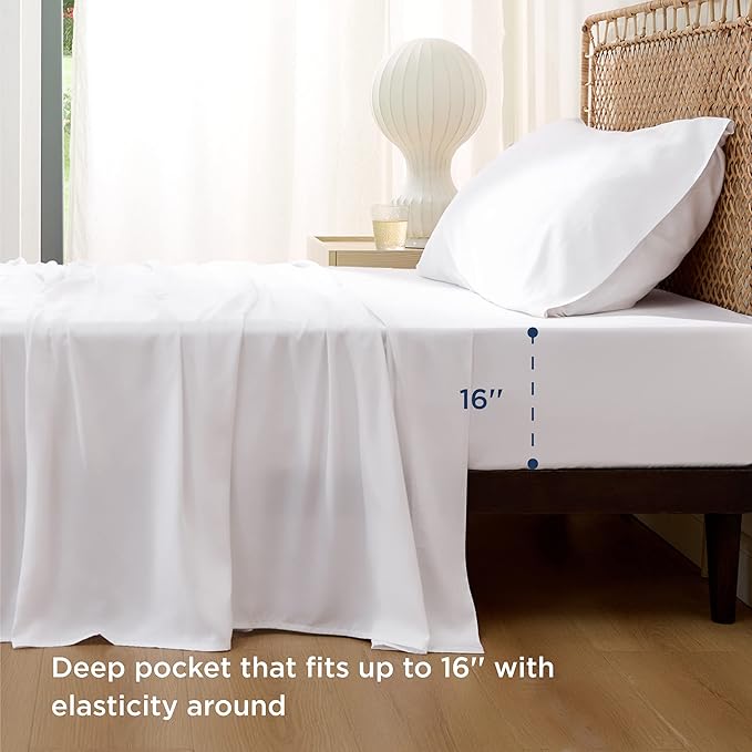 Bedsure Cooling Sheets Twin, Rayon Derived from Bamboo, Cooling Sheets, Breathable & Soft, Deep Pocket Up to 16 Inches, Hotel Luxury Silky Bedding for Hot Sleepers, White
