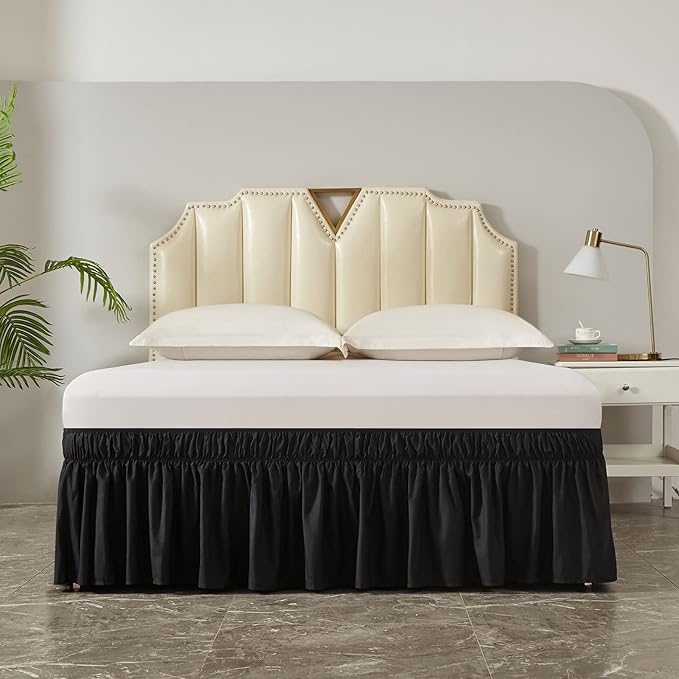 MEILA Wrap Around Bed Skirt Three Fabric Sides Elastic Dust Ruffled 24 Inch Tailored Drop,Easy to Install Fade Resistant-Black, Queen/King
