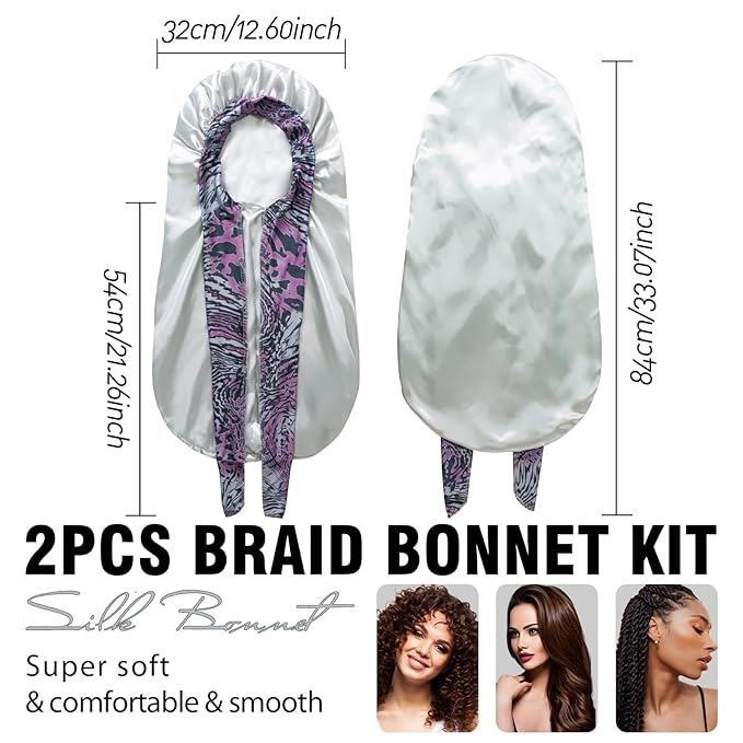 2Pcs Bonnets for Black Women Braid Bonnet, Large Long Satin Silk Bonnet for Braids,Black Women Braid Bonnet with Stretchy Tie Band for Sleeping Extra Long (Green & Light Purple Pattern)