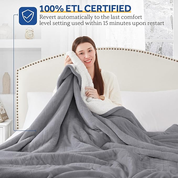 SEALY Electric Blanket Full Size, Heated Blanket Flannel & Sherpa with 10 Heating Levels & 1-12 Hours Auto Shut Off, Fast Heating Warming Blanket, Machine Washable, Light Grey, 80 x 84 Inch