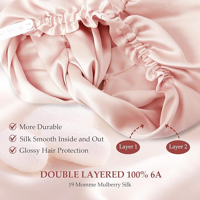 Silk Bonnet for Sleeping Women, 100% Mulberry Silk Sleep Cap with Elastic Band, Real Mulberry on Both Sides, Soft Pink