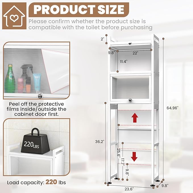 ZZL Over The Toilet Storage Cabinet,3-Tier,Bathroom Toilet Organizer,Waterproof, Cabinet Door Design,Freestanding Space Saver with 4 Hooks for Bathroom,White