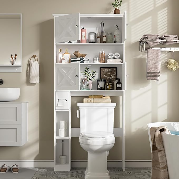 Over The Toilet Storage Cabinet, Farmhouse Storage Cabinet Over Toilet with 4 Barn Doors & Toilet Paper Holder Stand, White Toilet Shelf Home Space Saver for Restroom, Bathroom, Laundry