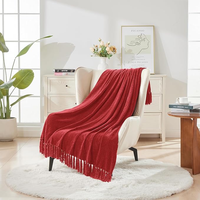CozeCube Chenille Throw Blanket for Couch, Cozy Plush Fuzzy Decorative Christmas Red Blanket with Fringe Tassels, Lightweight Throws for Bed Sofa Gift Home Decor, 50"X60"
