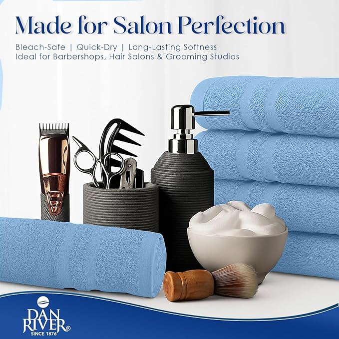 DAN RIVER 100% Cotton Salon Towels Set – 16x26 inches, Pack of 24, Highly Absorbent and Quick-Dry Towels for Hand, Salon, Spa, Beauty, Gyms and Home Hair Care, Blue