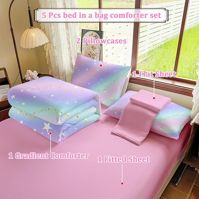 Rainbow Bedding Set Full Size – 5 Piece Reversible Girls Comforter with Deep-Pocket Sheet, Gradient Galaxy Design, Whole-Piece Filling, Machine Washable Bed-in-a-Bag for Kids Room Makeover & Gifts