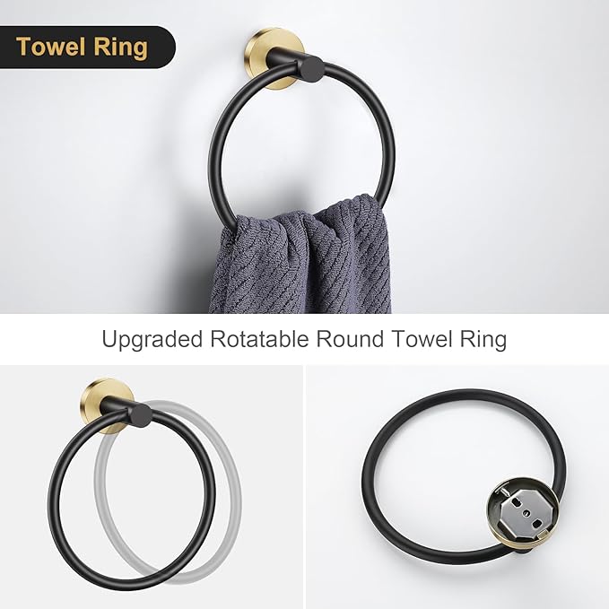 Lairuier 5 Pieces Black Gold Bathroom Accessories Set, 23.6 Inch Bath Towel Bar Set, SUS304 Stainless Steel Bathroom Hardware Set Round Toilet Paper Holder Set Wall Mounted