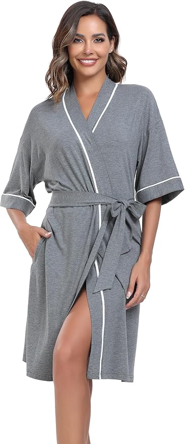 COLORFULLEAF Womens Bamboo Short Robes Lightweight Kimono Cotton Robe Soft Knit Bathrobe Ladies Loungewear with Pockets