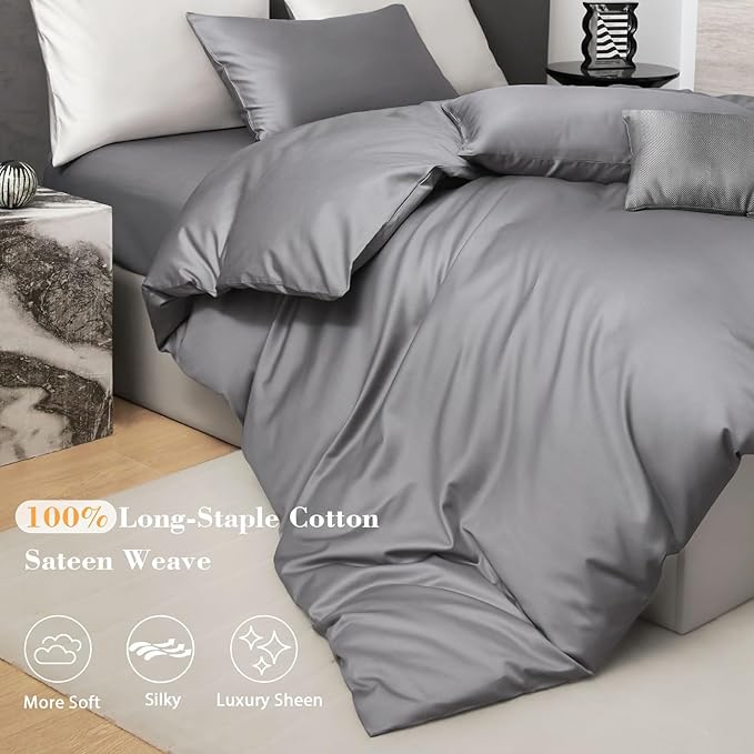 PURE ERA Duvet Cover Set 800 Thread Count Long Staple Cotton Sateen Silky Soft Luxurious Smooth 3 Piece Set Solid Deep Grey King