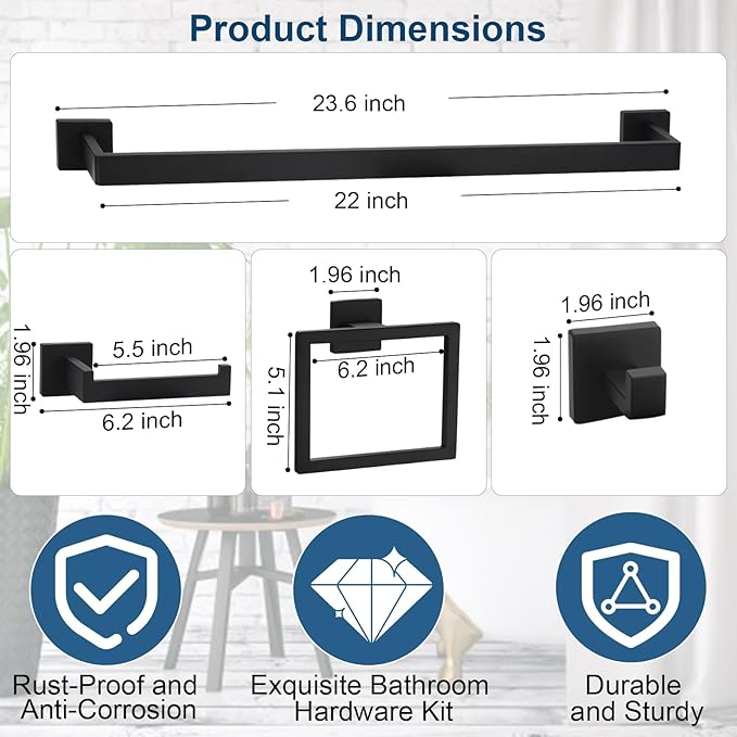 15 Pieces Bathroom Hardware Set, Matte Black Bathroom Accessories Set, Towel Racks for Bathroom, 23.6 Inch Bath Towel Bar Set Stainless Steel, Toilet Paper Holder Wall Mounted, Towel Ring, Towel Hook