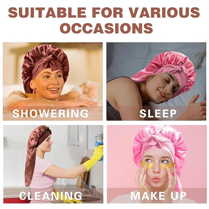 3Pcs Bonnets for Black Women, Large Long Satin Bonnet for Braids With Stretchy Tie Band, Sleep Cap for Long Curly Hair (Brown, Rose Pink, Pink)