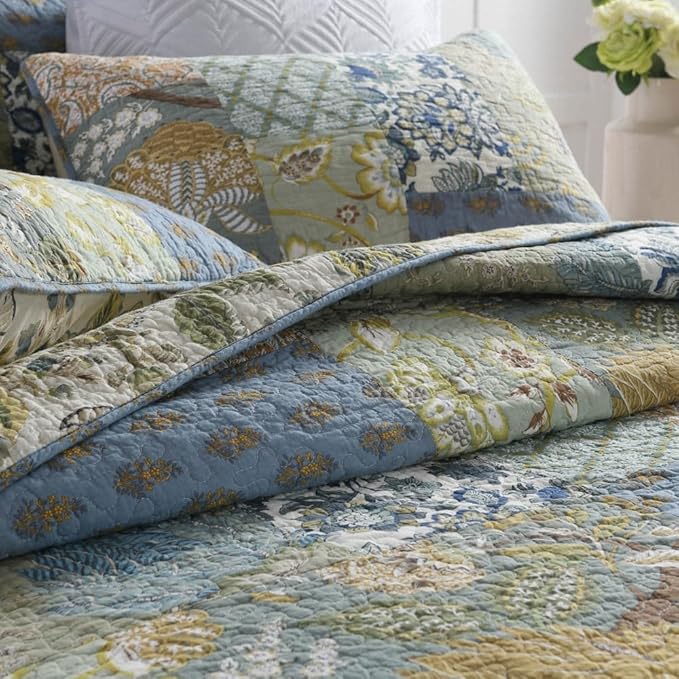 Cotton Bedspread Quilt Bedding Sets 3 Pieces Reversible Coverlet Sets Comforters Rustic Paisley Floral Patchwork Sage Green Bedspread, King Size