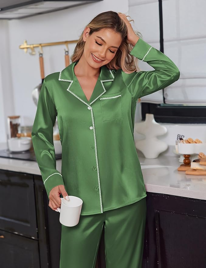Ekouaer Satin Pajama Set for Women Silky Sleepwear Long Sleeve Top and Pants Button Down Pjs Lounge Set