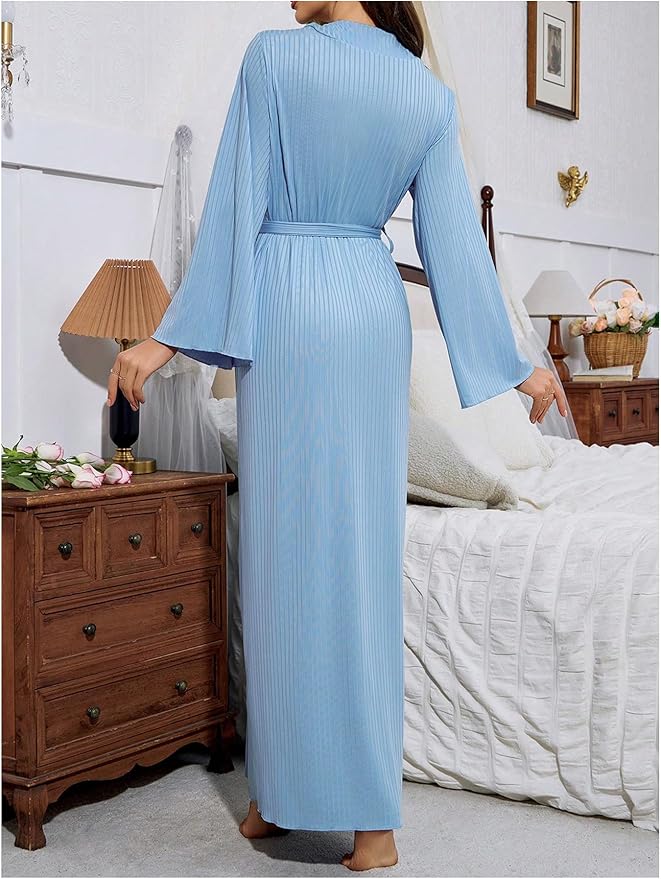 OYOANGLE Womens Long Robes Kimono Elegant Lightweight Knit V Neck Bathrobe Soft Sleepwear Casual Bath Robe