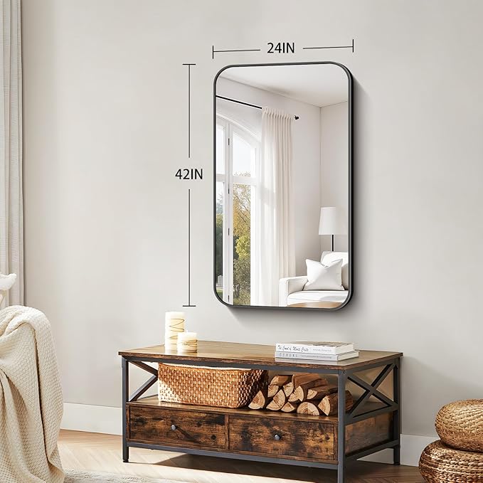 Koonmi Black Framed Bathroom Mirror - 24x42 Inch Shatterproof Tempered Glass Vanity Mirror for Bathroom Sink, Wall Mounted with Matte Aluminum Alloy Frame, No Distortion, Modern Decor