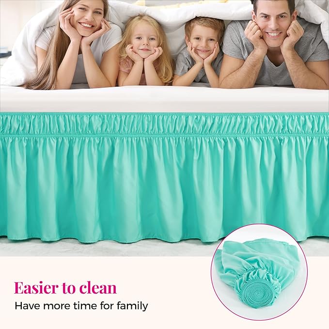 RIMELA Spa Blue Bed Skirt Queen Size 15 Inch Drop, Elastic Bed Skirting for Bed Base and Frame, Bedding Dust Ruffle Easy to Install, Lightweight Wrap Around Adjustable Bedskirt