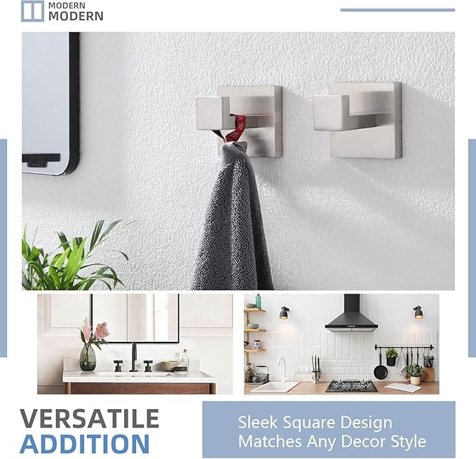3PCS Bathroom Hardware Set, Brushed Nickel Toilet Paper Holder, 2 Square Towel Robe Hooks, SUS 304 Stainless Steel, Wall Mounted, Modern, Rust‑Resistant (Silvery)