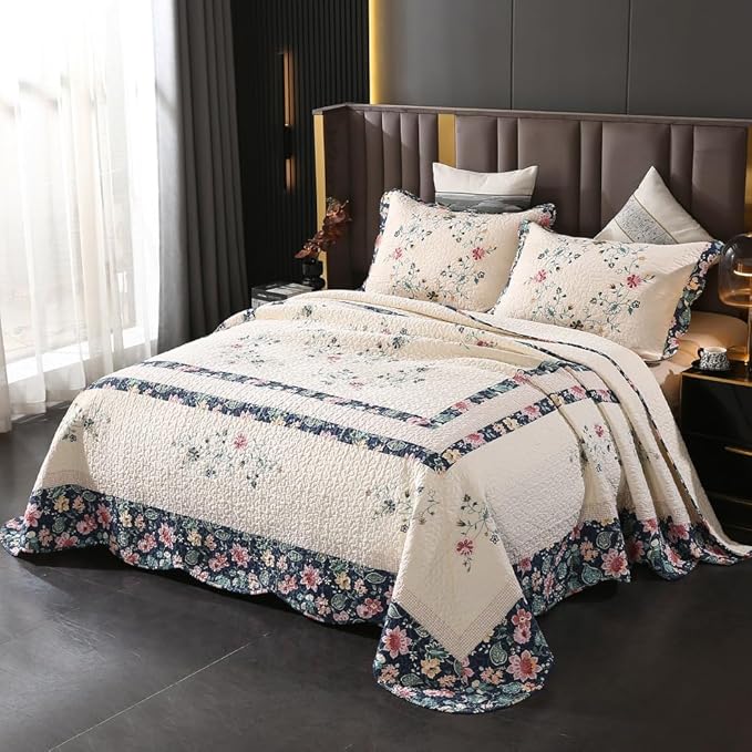 Quilt Set Floral Leaves 3D Embroidery Pattern 3 PCS Cotton Reversible Quilted Embroidered Decorative Bedspreads Coverlet Set, Lightweight &Soft Queen Size Beige Bedding Coverlet for All Season