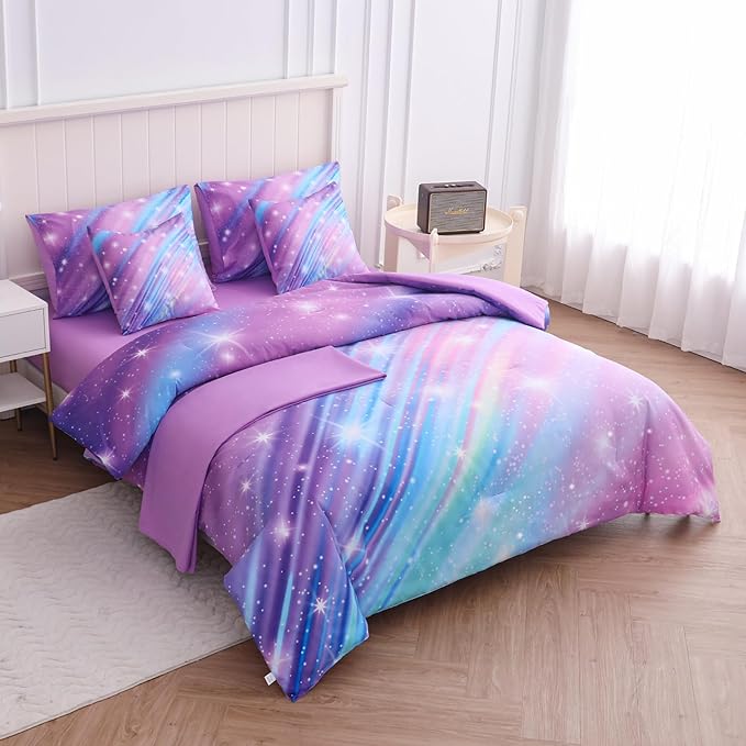 Rainbow Bedding Set Full Size – 7 Piece Reversible Girls Comforter with Deep-Pocket Sheet, Gradient Galaxy Design, Whole-Piece Filling, Machine Washable Bed-in-a-Bag for Kids Room Makeover & Gifts