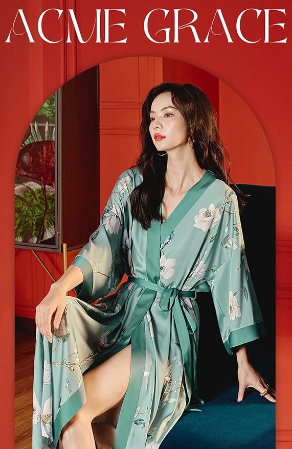 Silk Satin Robe for Women Long Japanese Kimono Robe Lightweight Soft Bathrobe Floral Luxury Dressing Gown