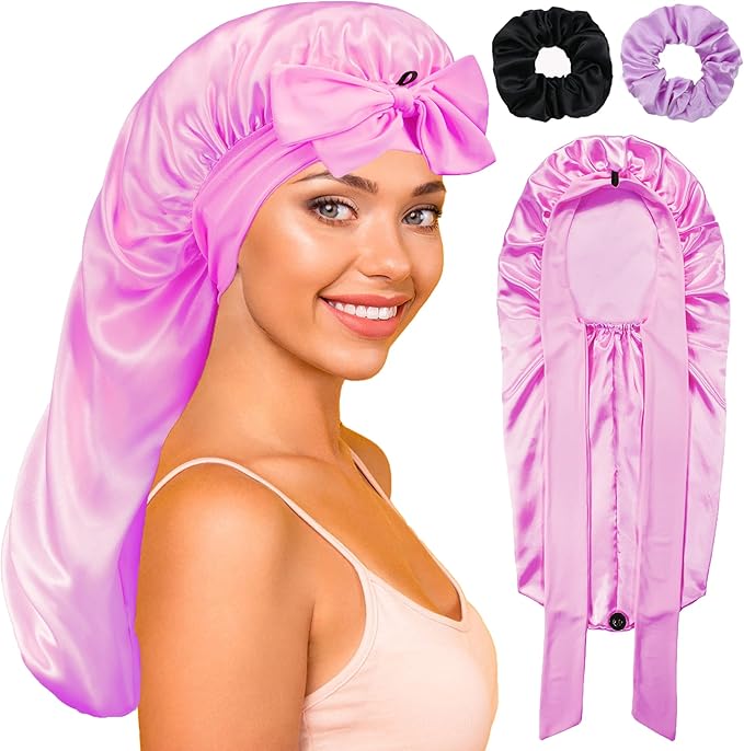Long Satin Bonnet with Tie Band for Sleeping Women - Silk Sleep Bonnet for Curly Hair and Braids