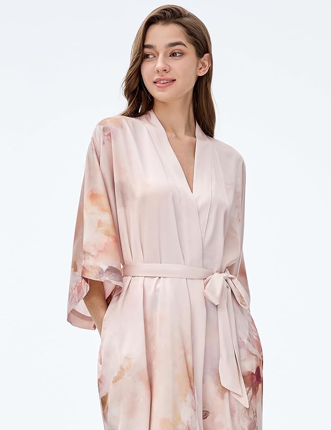 PRODESIGN Kimono Robe for Women - Long Satin Sleepwear Silky Kimono Cover-Up Nightgown Japanese Bathrobe Loungewear Blouse
