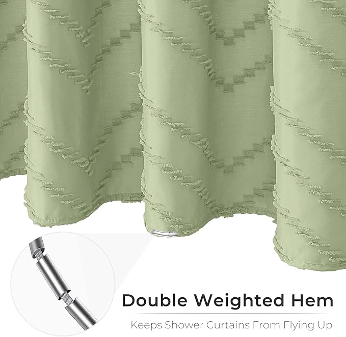 Green Boho Shower Curtain - 72 x 84, Tufted Chevron Textured Striped Fabric, Modern Minimalist for Bathroom