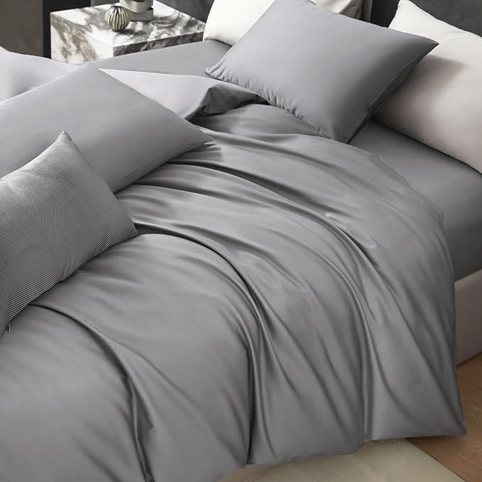 PURE ERA Duvet Cover Set 800 Thread Count Long Staple Cotton Sateen Silky Soft Luxurious Smooth 3 Piece Set Solid Deep Grey Queen