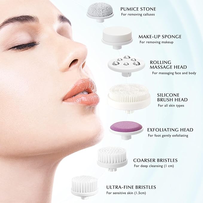 COSLUS Facial Cleansing Brush Silicone Face Scrubber: 7 in 1 FBS-D Electric Exfoliating Rotating Massage Device Waterproof Deep Cleaning Exfoliation Spa Machine - Electronic Skin Care Wash System