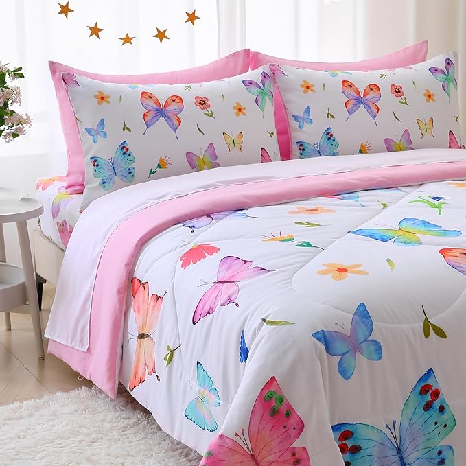 Wajade 7 Piece Butterfly Comforter Set for Girls Kids Cute Colorful Butterfly Flowers Floral Bedding Set Full Size with Sheet and 2 Pillowcases 2 Pillow Shams Bed in a Bag as Birthday Choice