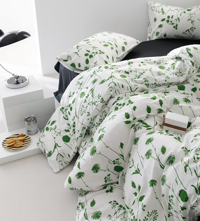 KAREVER Botanical Comforter Set Twin White and Sage Floral Plant Bedding Comforter Set Girls Blanket Rustic Leaf Blossom Women White Farmhouse Comforter Twin