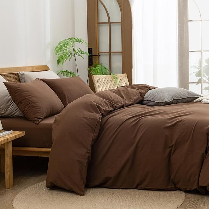 BESTOUCH Duvet Cover Set 100% Washed Cotton Linen Feel Super Soft Comfortable Chic Lightweight 2 PCs Home Bedding Set Solid Cocoa Brown Twin/Twin XL
