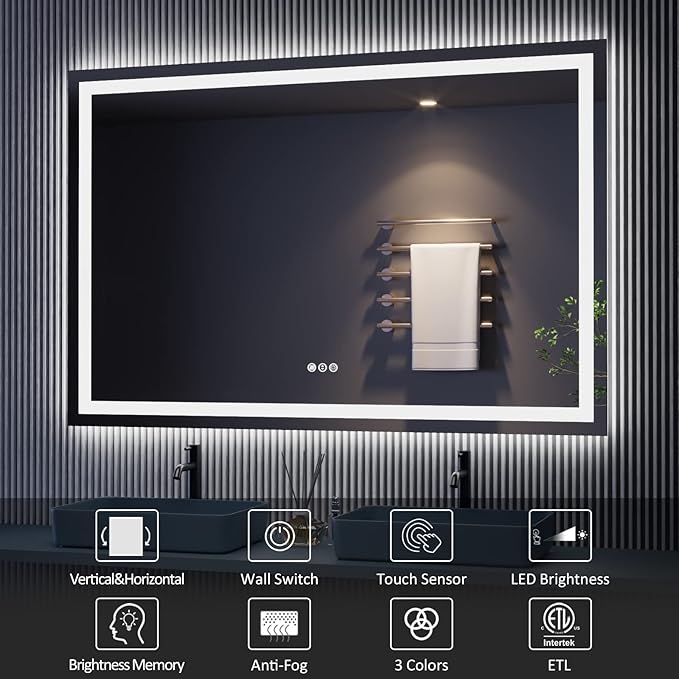 Amorho LED Bathroom Mirror 48" X36" with Front and Backlight, Stepless Dimmable Wall Mirrors with Anti-Fog, Shatter-Proof, Memory, 3 Colors, Double LED Vanity Mirror